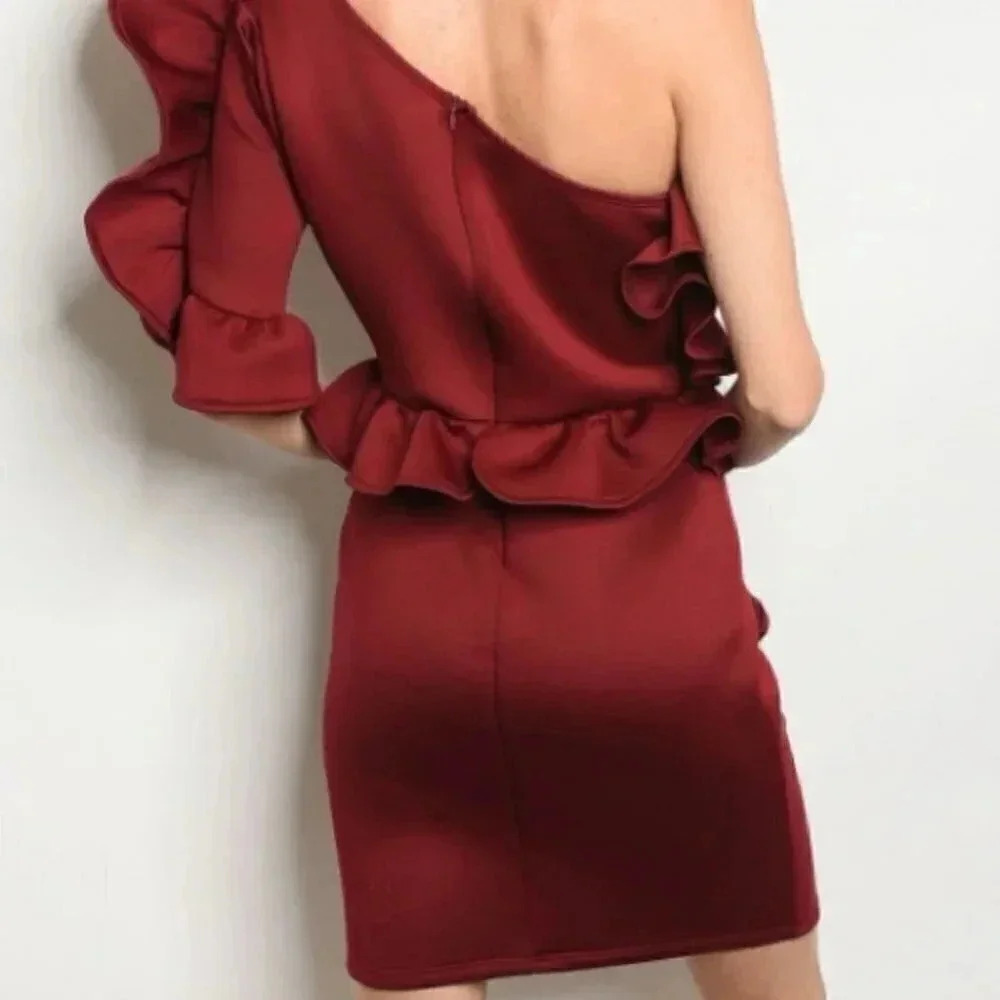 BURGUNDY RUFFLED DETAILS DRESS - Picture 3 of 4